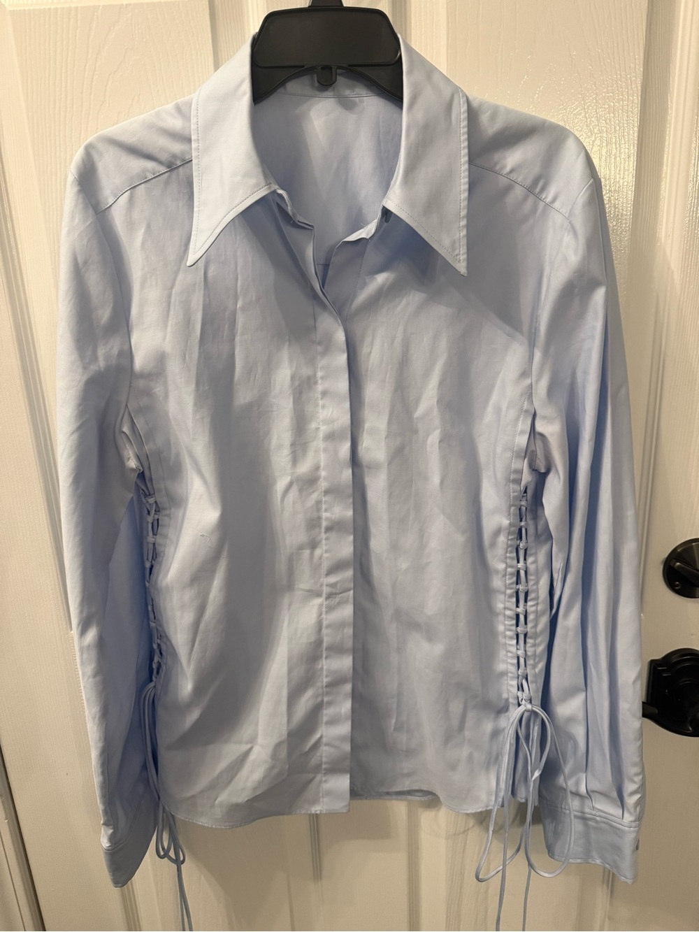 Stella McCartney Light Blue Lace-Up Side Button-Down Shirt, fits like a medium